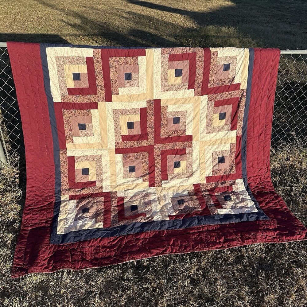 Vintage‎ Hand Stitched Patchwork Quilt Burgundy Classic Log Cabin